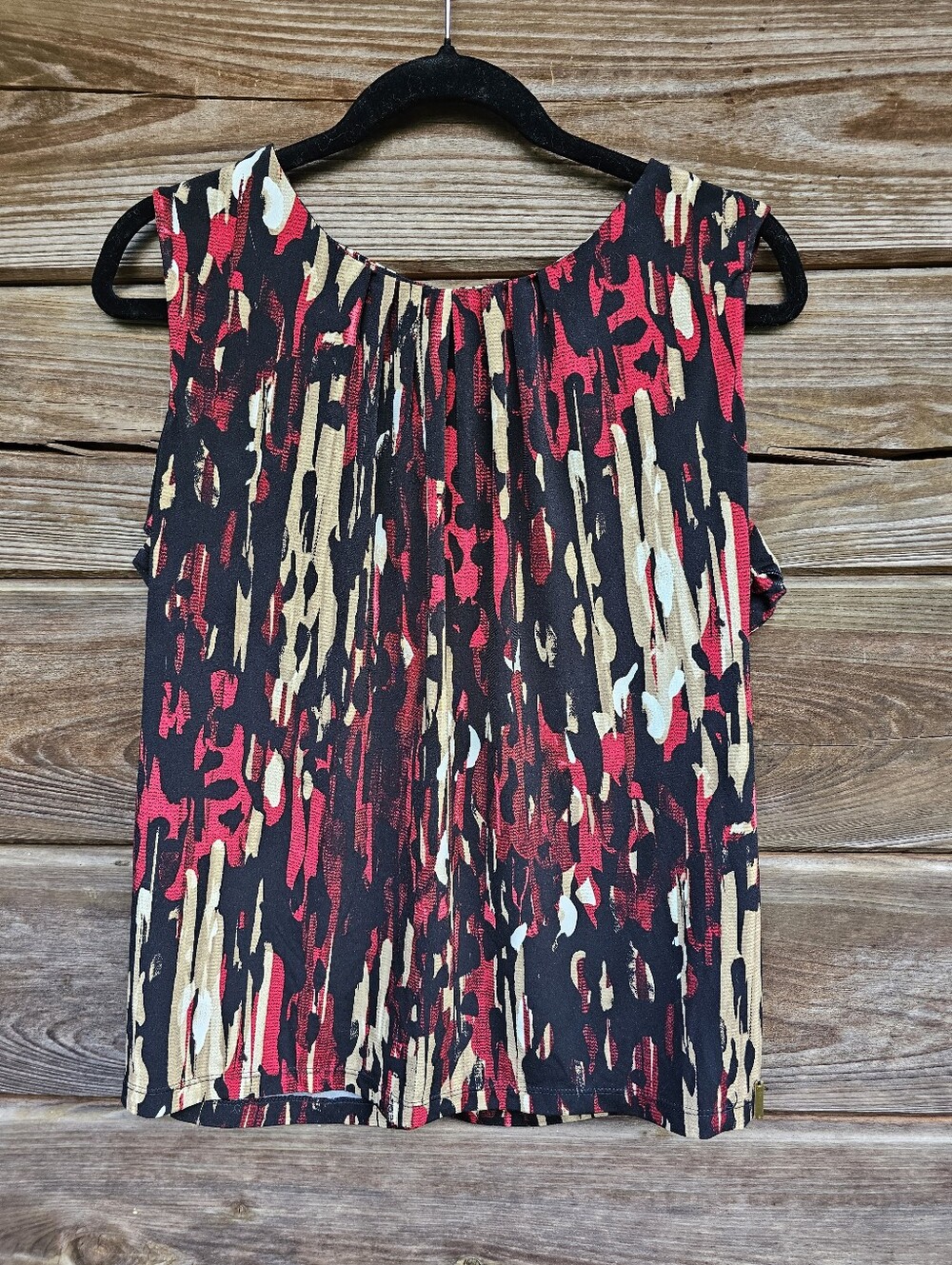 Calvin Klein Abstract Animal Print Sleeveless Blouse Top Red Black Tan Women's M